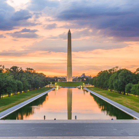 Washington Monument on the reflecting pool in Washington D.C., at Dawn